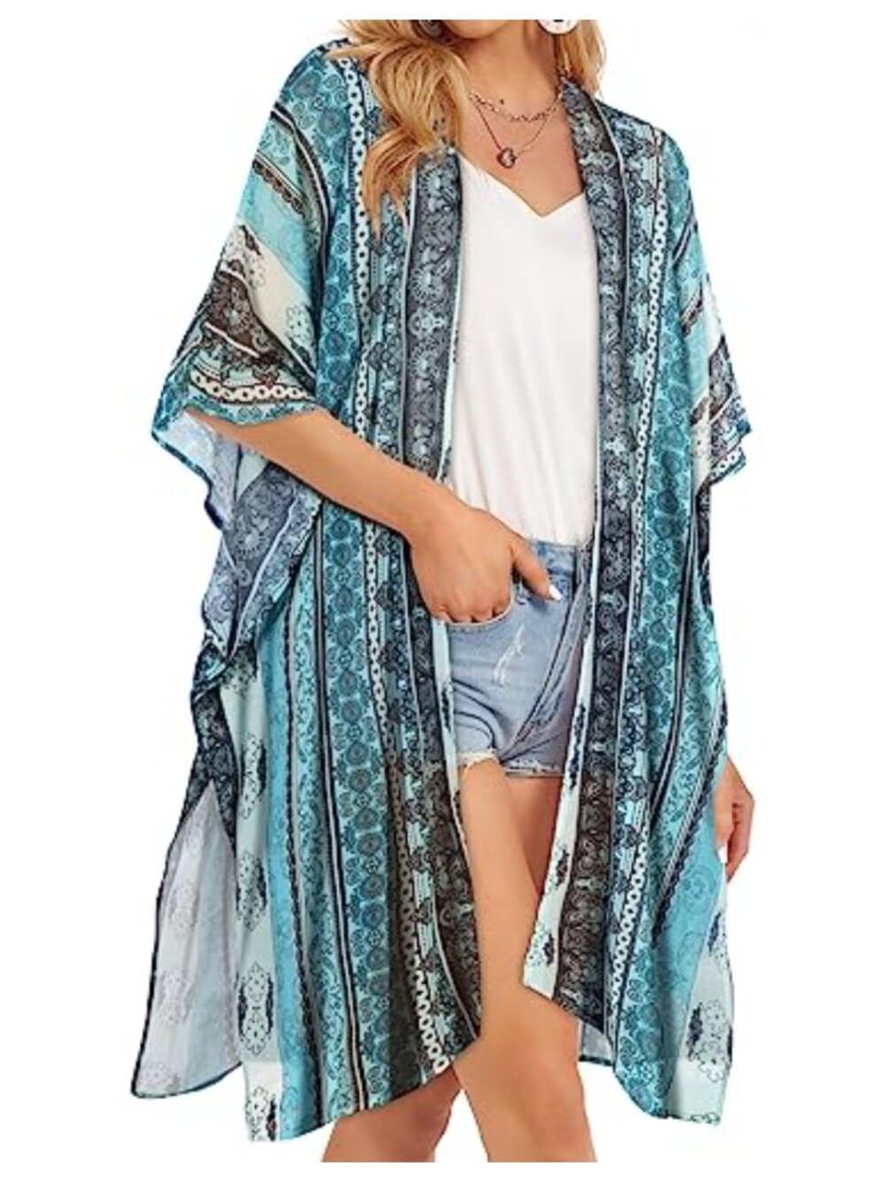 Chiffon Kimono Cardigan Beach Coverup Long Open Front Half Sleeve